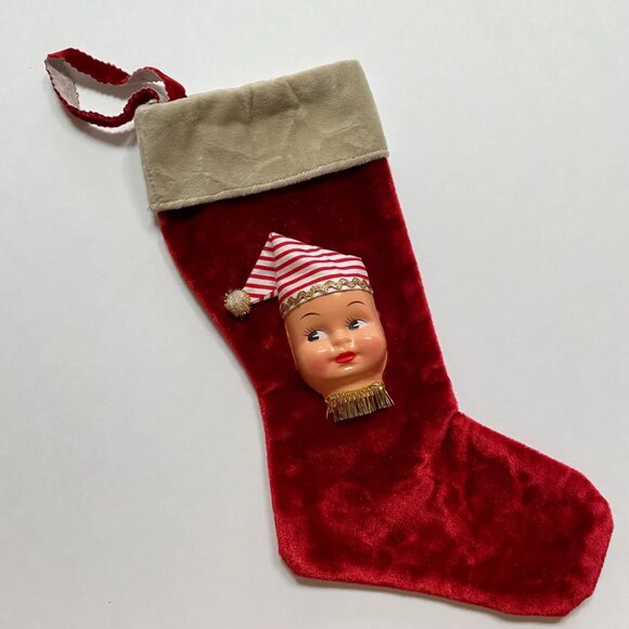 Christmas Stocking with Dolly Face Holiday Decor Xmas Vintage Handmade - Picture 2 of 5